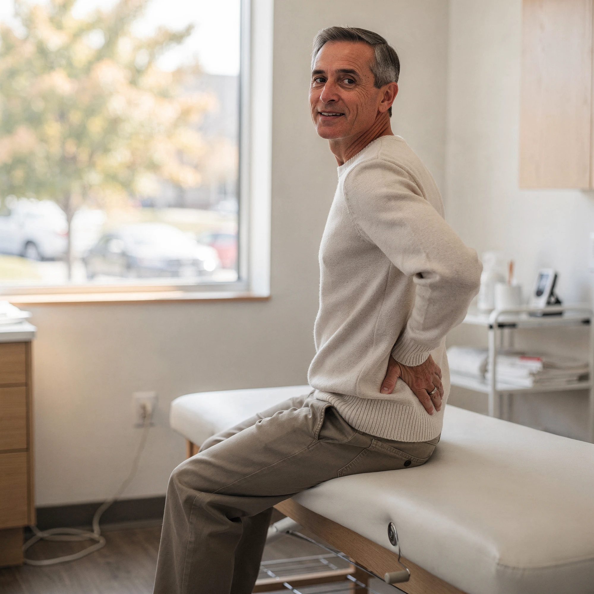 Man sitting on examination table holding lower back, demonstrating back pain in a clinic room